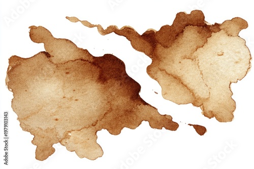 Brown coffee stain on white background, abstract, irregular shapes and textures