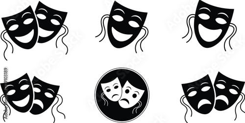 Collection of black theater masks representing comedy and tragedy on white background drama performance