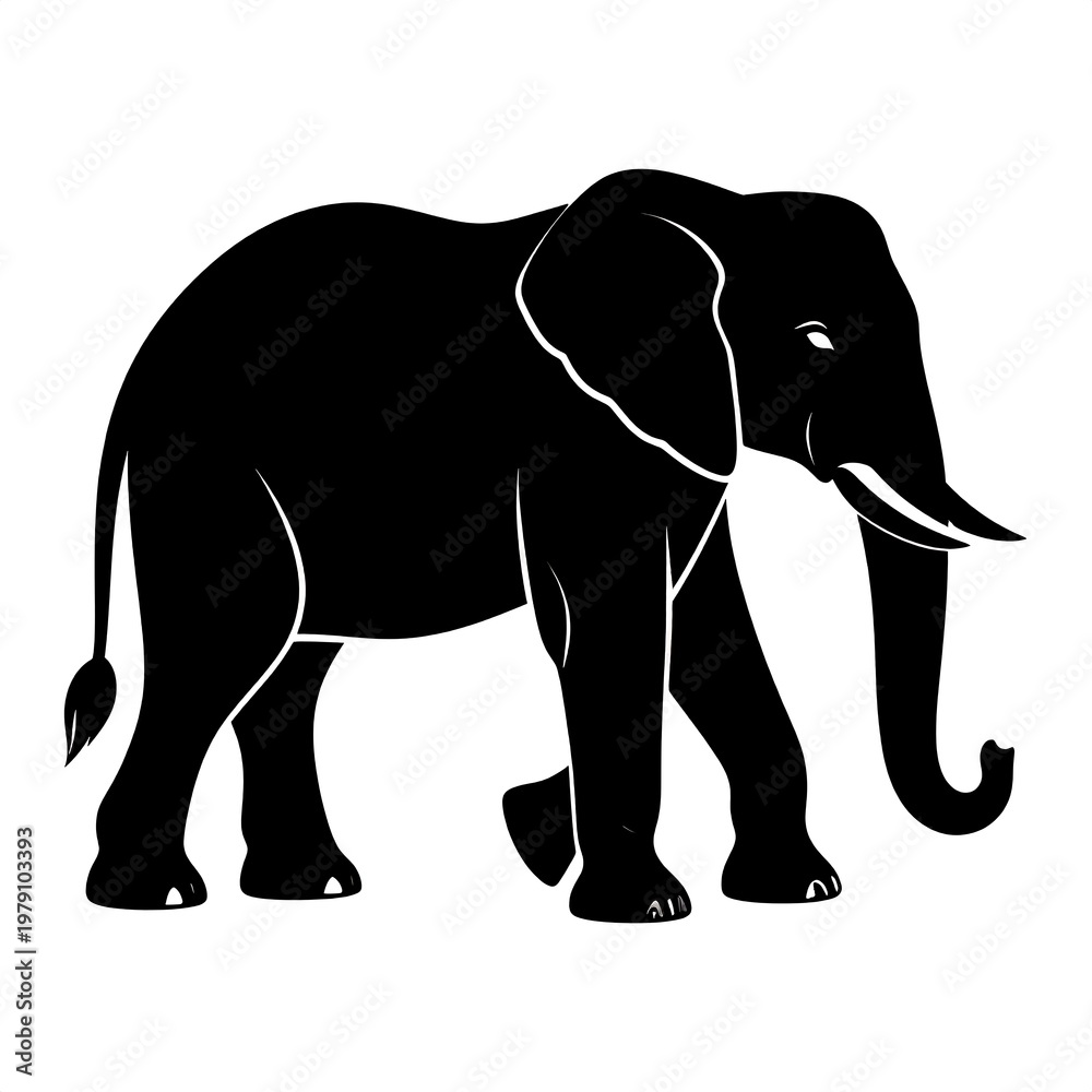 Fototapeta premium Silhouette of an elephant walking right, in solid black and white
