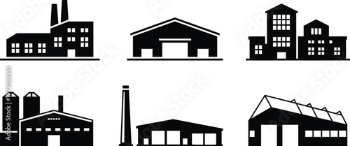 Set of six black industrial factory building icons on white silhouette