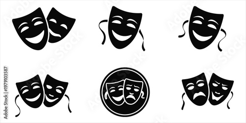 Set of six black silhouette theater masks showing comedy and tragedy on white background drama performance