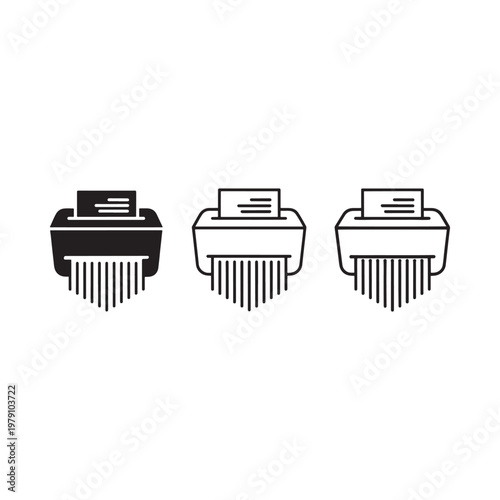 Three depictions of a paper shredder in varying styles and outlines