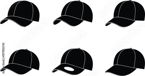 Six Black Baseball Caps with White Outline on White Background headwear accessory