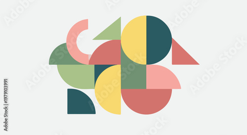 Colorful geometric shapes arranged in a harmonious composition on white