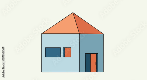 Simple house illustration with blue walls, orange roof, and minimalist design