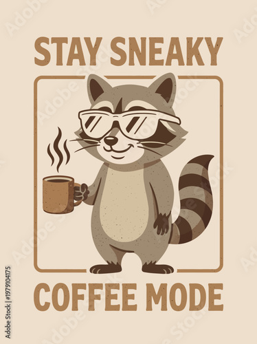 Raccoon wearing glasses holding coffee.