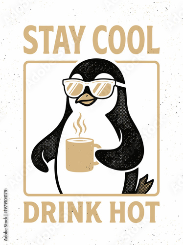 Penguin wearing sunglasses holding coffee.