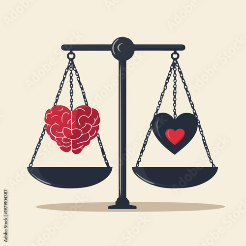 A symbolic illustration depicting the balance between logic and emotions, represented by brain and heart scales.