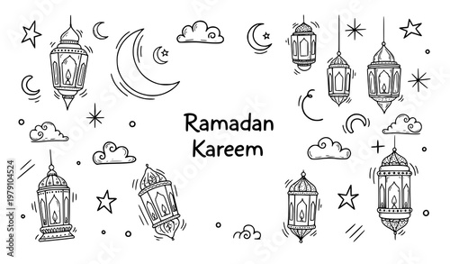 Ramadan Kareem doodle moon and lanterns vector hand drawn Islamic festive elements isolated on white background