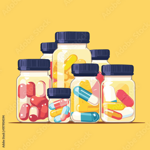 A vibrant illustration of assorted pill bottles showcasing various vitamins and medications against a bright background.