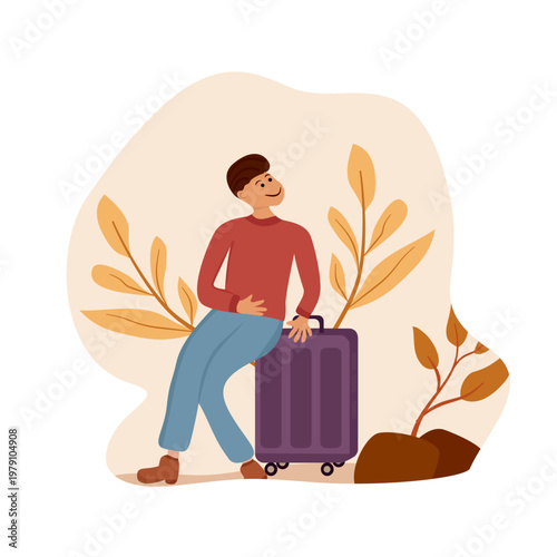 Flat vector illustration of a young man sitting on a suitcase, waiting for his trip. Concept of solo travel, vacation departure, and tourism adventure isolated on a light neutral background.