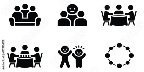 Six black icons representing social interaction and teamwork on white silhouette people