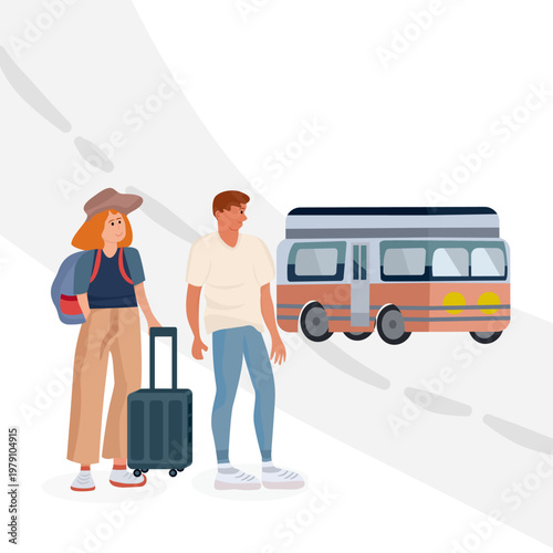 Flat vector illustration of diverse friends with backpacks and luggage traveling together. Concept of group tourism, friendship adventure, and international vacation on a neutral background.