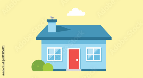 Small blue house with red door and chimney on yellow background