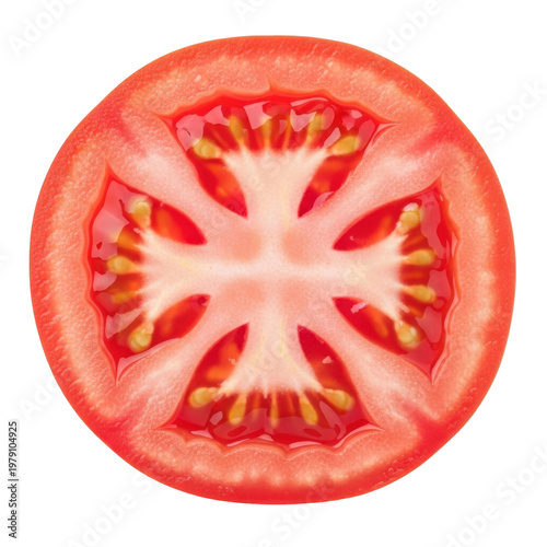 Fresh ripe tomato slice isolated on white background vibrant red juicy close-up