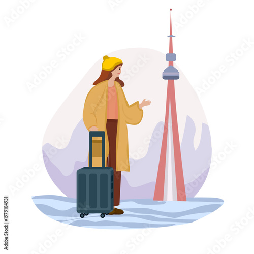 Flat vector illustration of a woman in winter clothing with a suitcase standing near a city tower. Concept of winter vacation, city break, and seasonal tourism isolated on a neutral background.