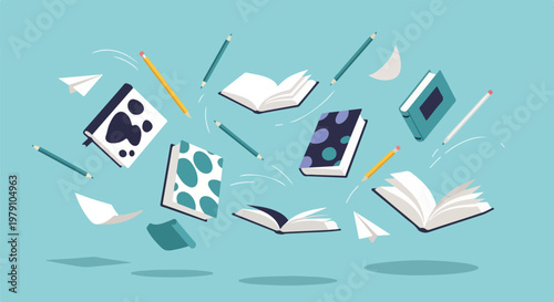 Books and stationery items floating freely.