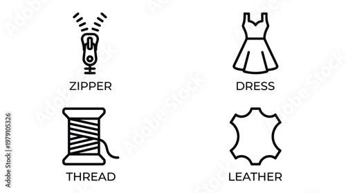 Sewing and fashion icons, zipper, dress, thread, leather, vector illustration, black and white, line art, sewing tools, fashion design