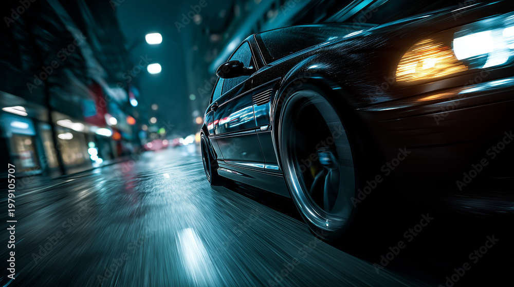 Naklejka premium A fast black car speeding down a wet city street at night with blurry motion effect 