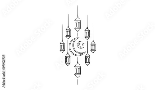 Geometric Ramadan Kareem moon and lanterns vector Islamic line art festive composition isolated on white background