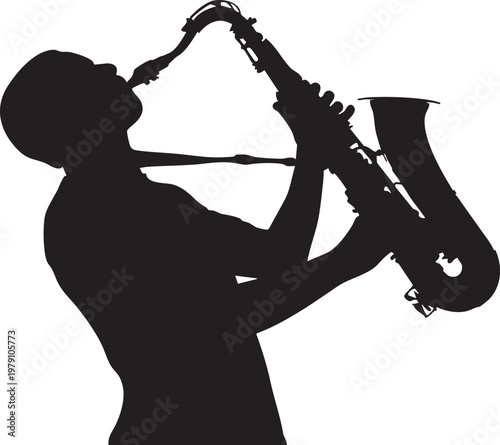 Black silhouette saxophonist, jazz musician, music icon, saxophone player