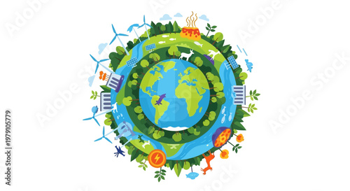 A vibrant vector illustration depicts the Earth encircled by symbols of sustainability and environmental protection, showcasing wind turbines and solar panels against a clean white