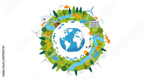 Overhead illustrative design depicting environmental sustainability surrounding the globe with wind turbines, solar panels, and rivers, conveying a positive message for Earth Day Network