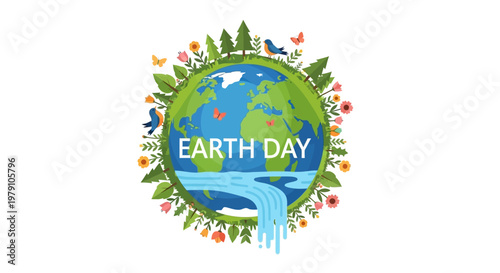 Vibrant vector illustration celebrating Earth Day, featuring diverse characters circling the globe, rendered with a playful, cartoonish style, emphasizing environmental protection