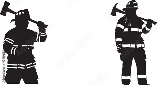 Firefighter, fireman, rescue worker, emergency response, silhouette icons