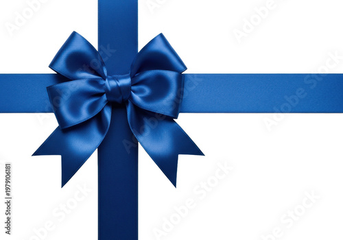 Hyper-detailed macro photo of a glossy sapphire blue satin bow and intersecting ribbons on a transparent background with copy space, symbolizing premium gift packaging concept
