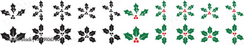 Holly berry icons set, Christmas logo with holly berries, Seasonal decoration graphic. Holly berry icons set, Chritmas logo wirh holly berries. Christmas decorations with holly berries, Holly berry le