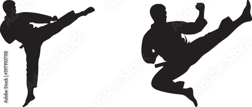 Martial arts, kickboxing, silhouettes, vector icons, athletic poses