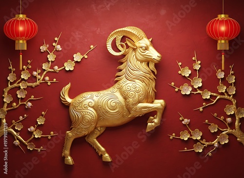Modern Luxury Chinese New Year 2027 Gold Goat on Red Background. Chinese New Year / Lunar New Year celebration (Year of the Goat 2027)