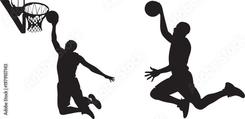 Basketball players, silhouettes, sports icons, athletic actions, vector graphics