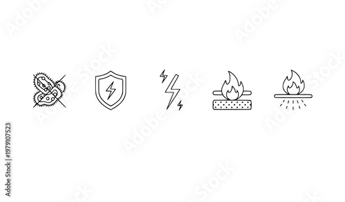 A set of five safety icons including bug, shield, lightning, and fire symbols