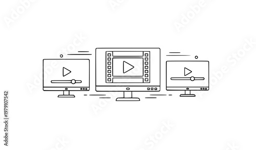 A minimalist vector graphic of three computer monitors displaying video playback icons