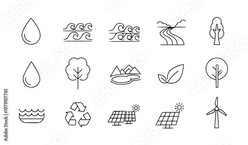 A set of eco-friendly icons representing sustainable energy and nature