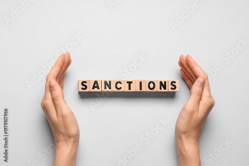 Canvas-taulu Female hands and word SANCTIONS on white background