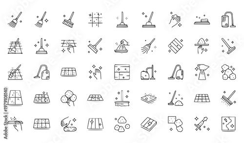 A collection of cleaning icons in a minimalist line art style