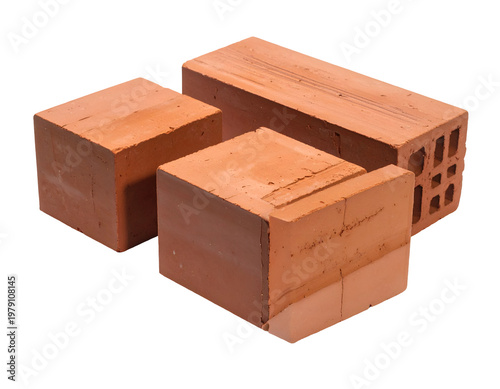Three textured red clay building blocks on a white background