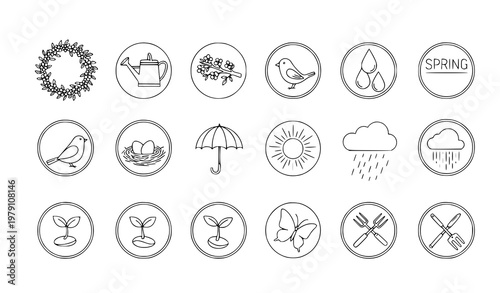 A set of minimalist line art icons representing spring and gardening