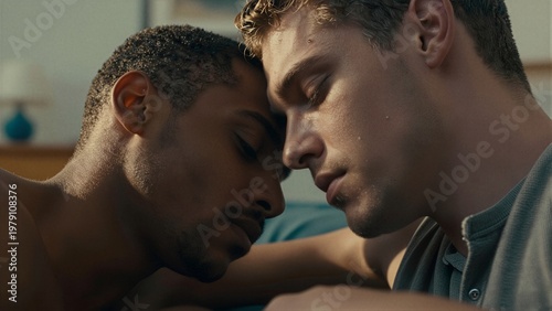 Diverse gay couple sharing a quiet moment of intimacy and connection for a healthy relationship concept