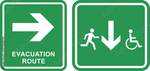 Obraz na płótnie Green evacuation route signs with directional arrows
