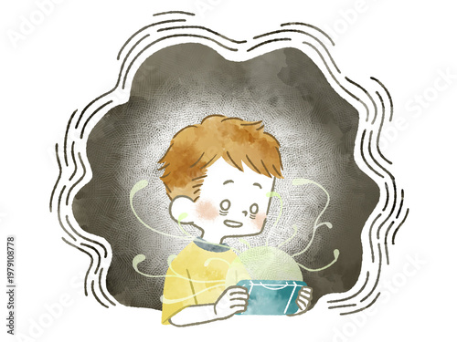 ゲームに没頭している男の子-水彩