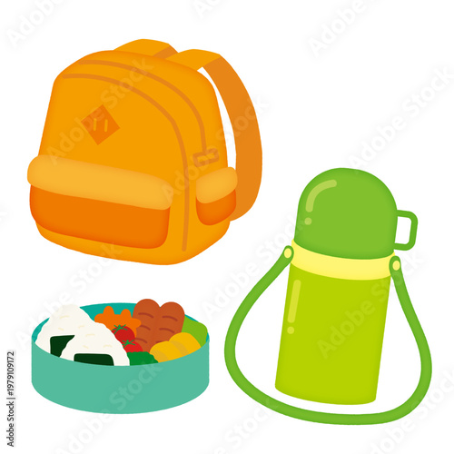 ピクニックのイラストセット|リュック・水筒・お弁当/Picnic illustration set