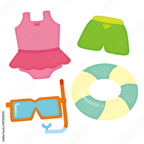 水遊びのアイテムイラストセット|水着・浮き輪・シュノーケル/Water play item illustration set