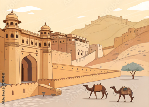 Amer Fort Jaipur, minimal vector illustration, palace walls and courtyard, sandy colors, camels in foreground, simple tourism poster
