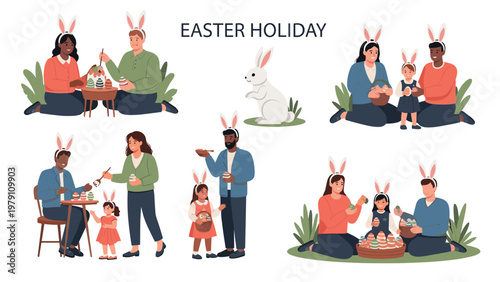 Diverse families and children celebrating easter holiday by painting eggs and playing with a rabbit in a park.