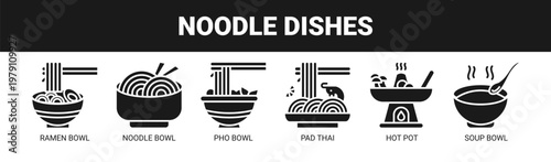Noodle Dishes web banner icon vector illustration concept with icons of ramen bowl, noodle bowl, pho bowl, pad thai, hot pot, and soup bowl. 