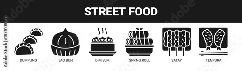 Street Food web banner icon vector illustration concept with icons of dumpling, bao bun, dim sum, spring roll, satay, and tempura. 